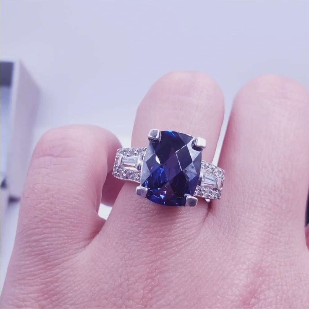Checkerboard Cut Genuine Tanzanite & Diamond Simulant 925 Sterling Silver Ring - Picture 4 of 7